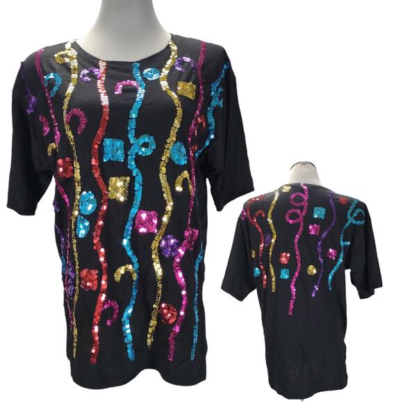 Vtg 80s Carducci Rainbow Sequin Top Size M Black Statement Shoulder Pads Disco - Picture 2 of 10